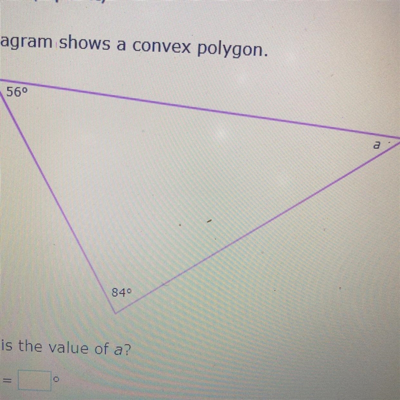 PLEAS HELP! The diagram shows a convex polygon. What is the value of a?-example-1