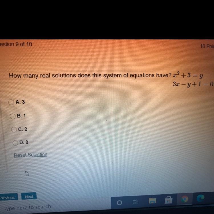 How many real solutions does this system of equations have? x2 +3 = y 3х — у+1 = 0-example-1