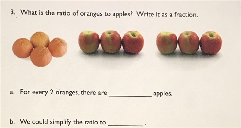 What is the ratio of oranges to apples? Write it as a fraction? We could simply the-example-1