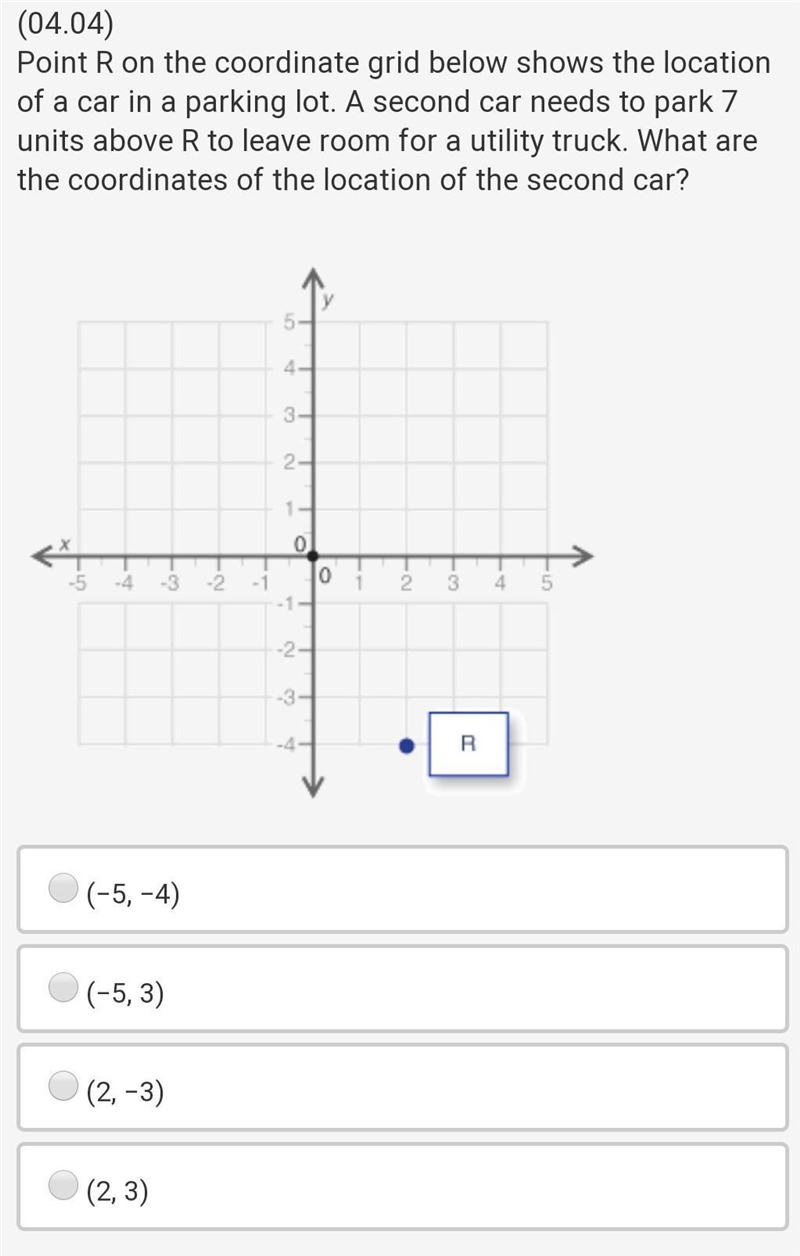 (04.04) Point R on the coordinate grid below shows the location of a car in a parking-example-1