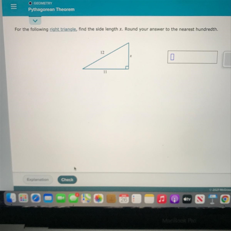 For the following right triangle, find the side length x. Round your answer to the-example-1