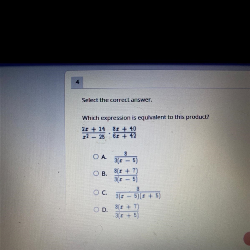 Select the correct answer which expression is equivalent to the product 2x+14/x^2-25 • 8x-example-1