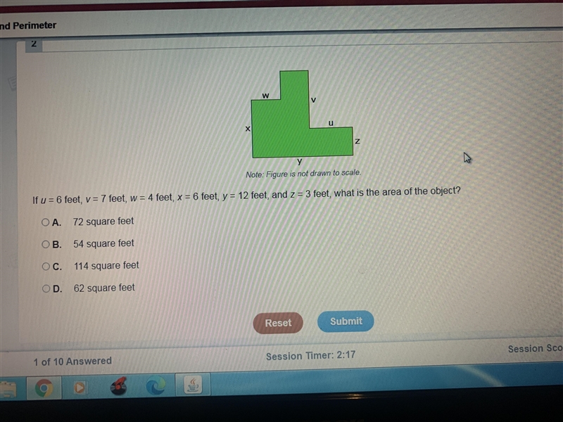 If u=6 feet, v=7 feet, w=4 feet, x=6 feet, y=12, and z=3 feet, what is the area of-example-1