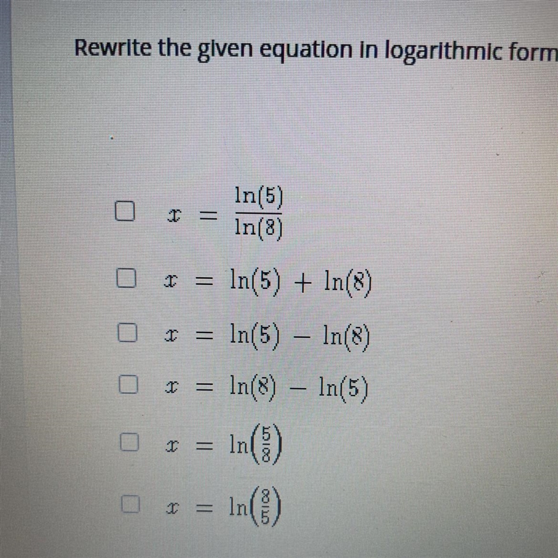 Rewrite the given equation in logarithmic form. Then, select all of the equations-example-1