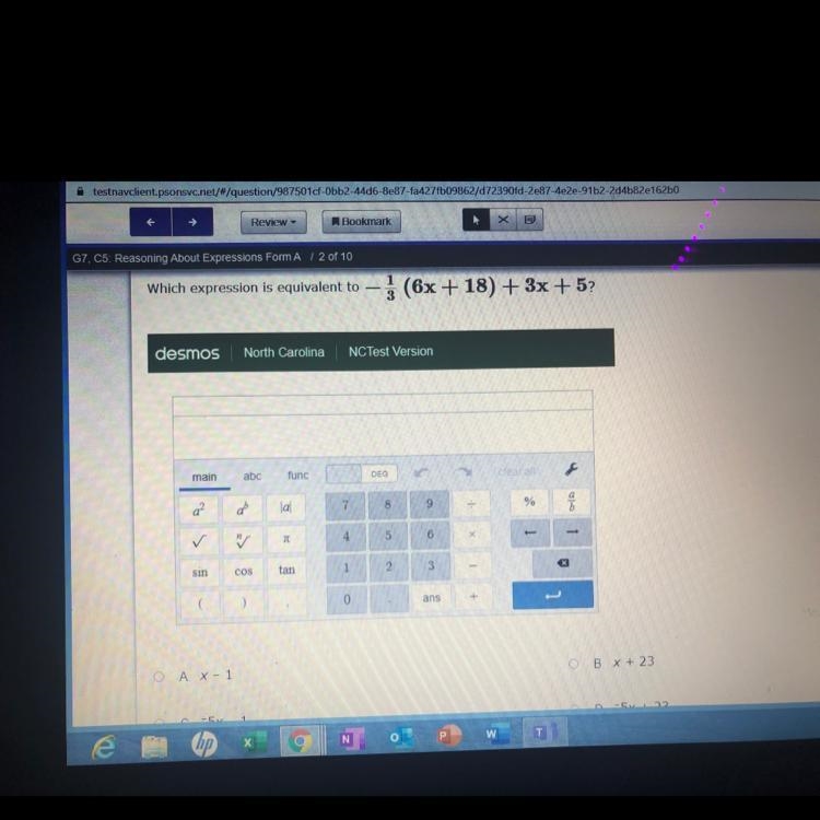 Which expression is equivalent to - 1/3(6x+18)+3x+5 help please-example-1