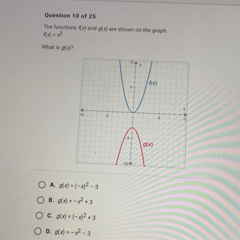 The functions f(x) and g(x) are shown on the graph. f(x) = x2 What is g(x)? 10- If-example-1