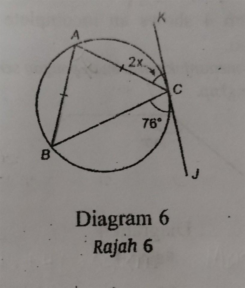 In Diagram 6, JCK is a tangent to the circle ABC Find the value of x. A 1149 B 76° C-example-1