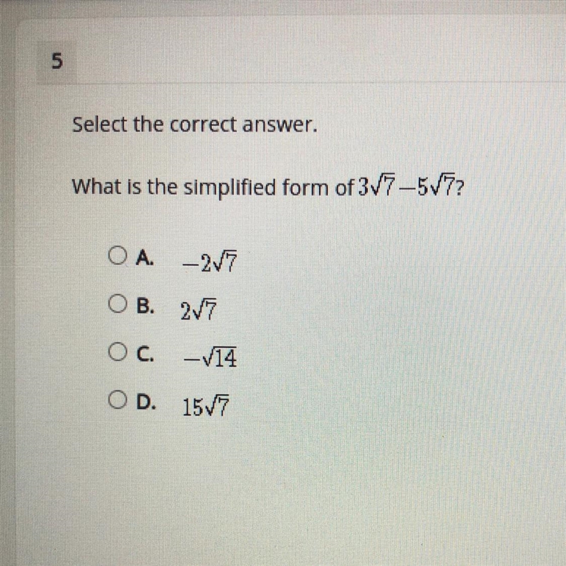 Select The correct answer. What is the simplified form of 3/7- 5/7?-example-1