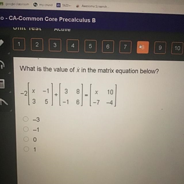 PLEASE HELP TIMED TEST What is the value of x in the matrix equation below? 3 -21 8 х-example-1