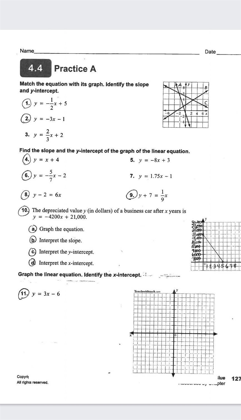 (8th grade. 4.4 Practice A.)PLEASE HELP!! what's the answer to all the CIRCLED questions-example-1