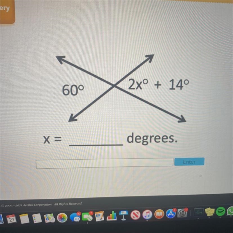 2x° + 14° 60° X= degrees.-example-1