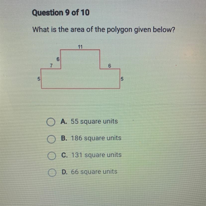 What is the area of the polygon given below? A. 55 square units B. 186 square units-example-1