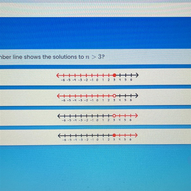 Which number line shows the solution to n>3?-example-1