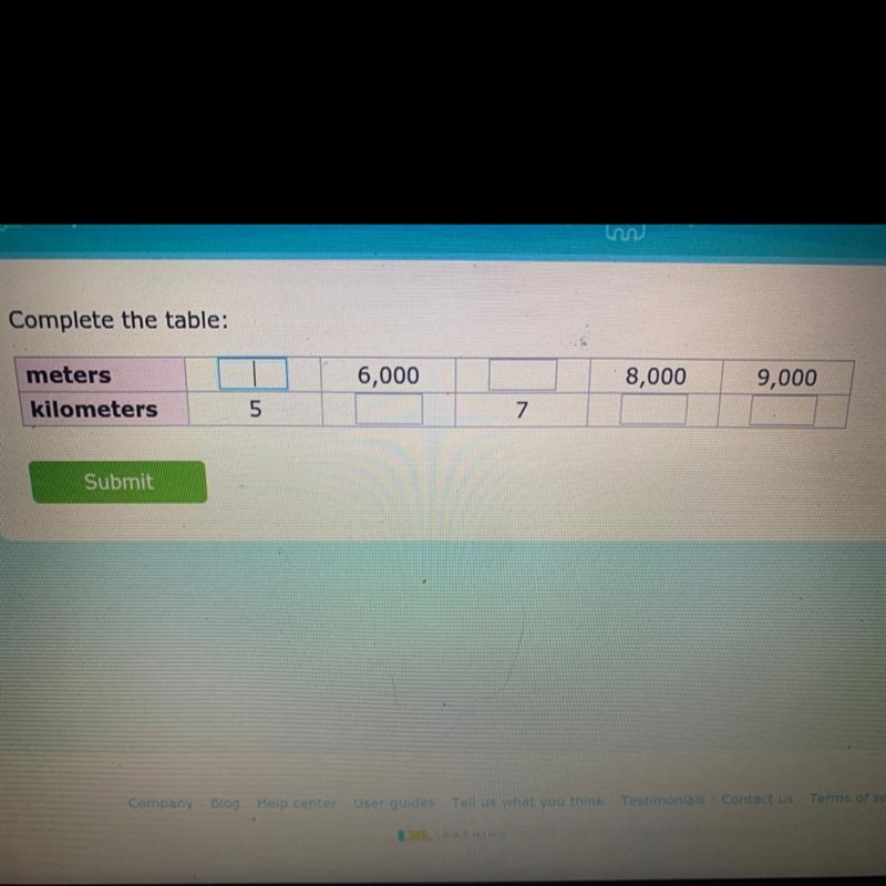 Complete the table: 6,000 meters kilometers 8,000 9,000 5 7-example-1