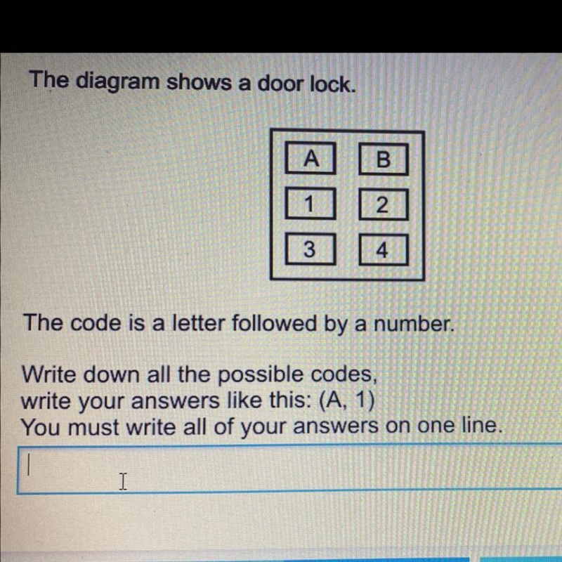 The diagram shows a door lock. А B 1 2 3 4 The code is a letter followed by a number-example-1