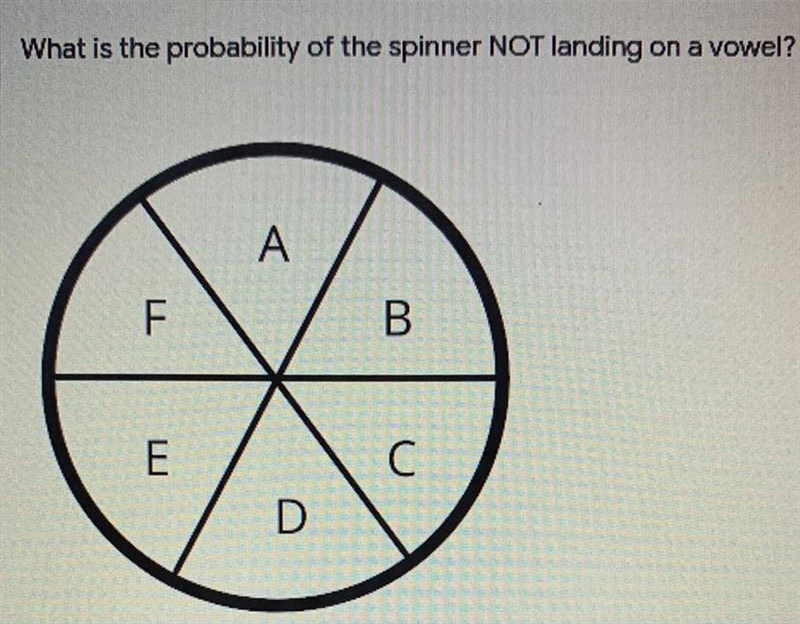 What is the probability of the spinner NOT landing on a vowel? * 1. 0.67 2. 1 3. 0.33 4. 4 5. 0-example-1