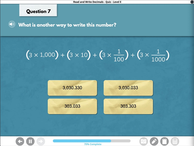 Which is another way to write this number? (3 x 1,000) + (3 x 10) (3 x 1/100) + (3 x-example-1