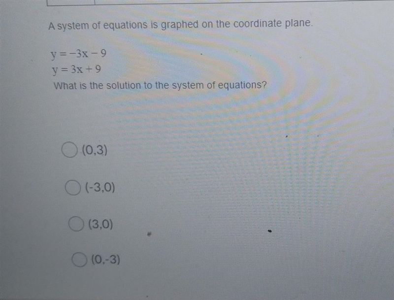 A system of equations is graphed on the coordinate plane. y = -3x - 9 y = 3x + 9 What-example-1