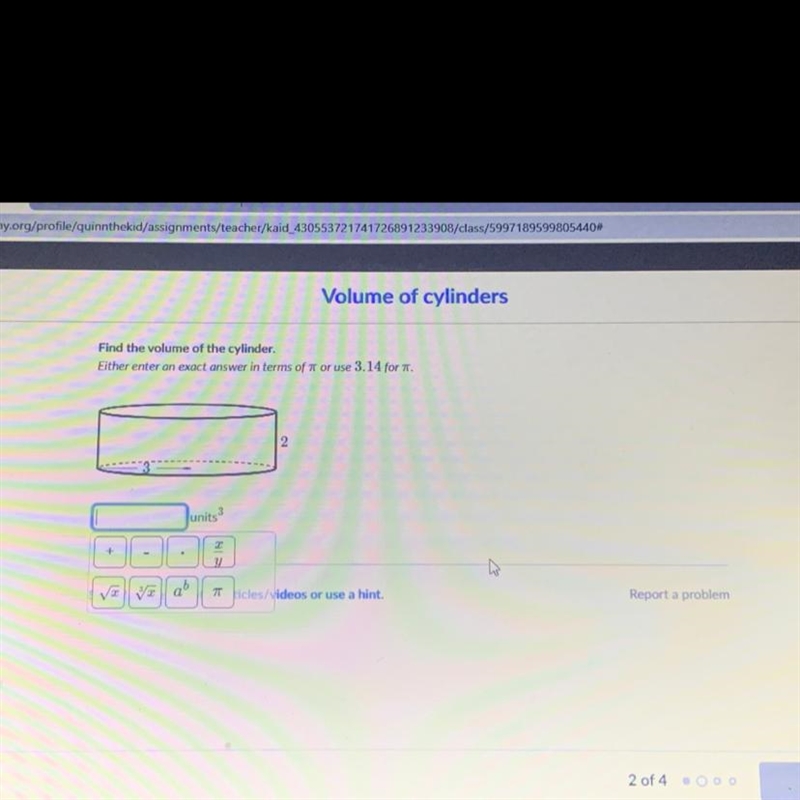 Find the volume of a cylinder Either enter and exact answer or use pie or 3.14-example-1