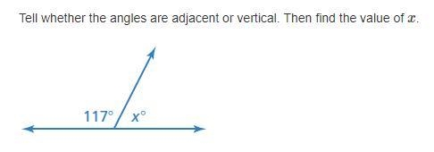 Tell whether the angles are adjacent or vertical. Then find the value of x.-example-1