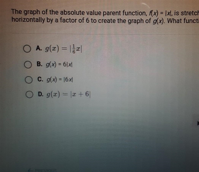 The graph of the absolute value parent function, x) = 1x is stretched horizontally-example-1