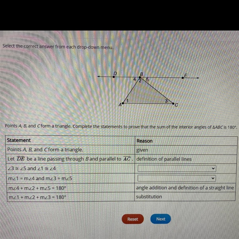 Points A,B, and C form a triangle. Complete the statements to prove that the sum of-example-1