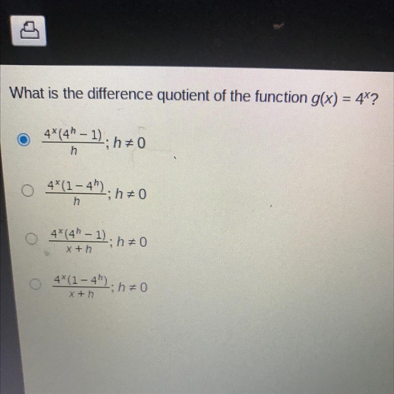 What is the difference quotient of the function g(x) = 4^x-example-1