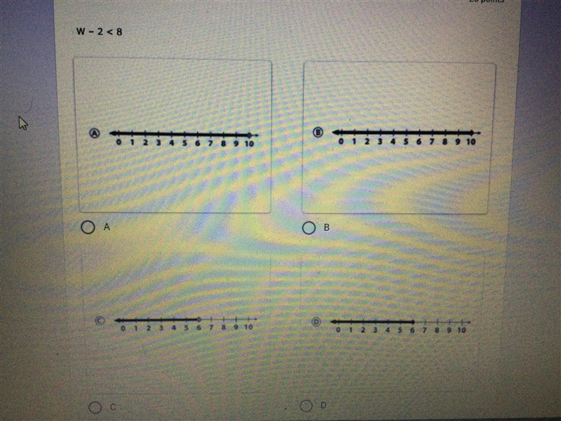 Which number line represents the solution to W - 2 < 8 ?-example-1