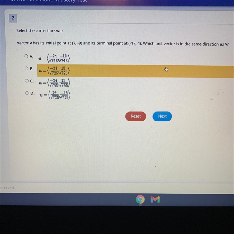 Select the correct answer Vector v has its initial point at (7.-9) and its terminal-example-1