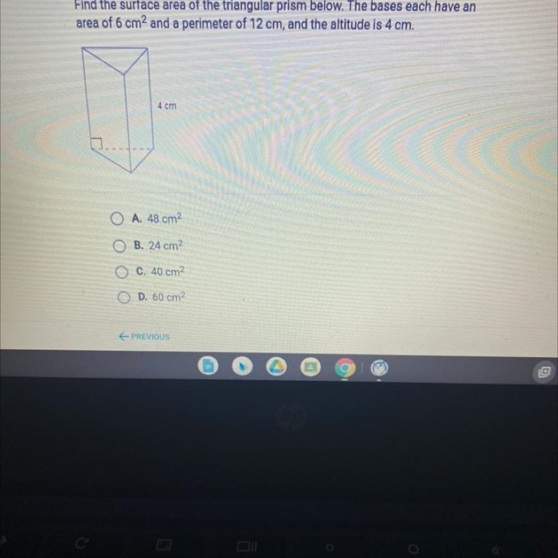 Find the surface area of the triangular prism below. The bases each have an area of-example-1