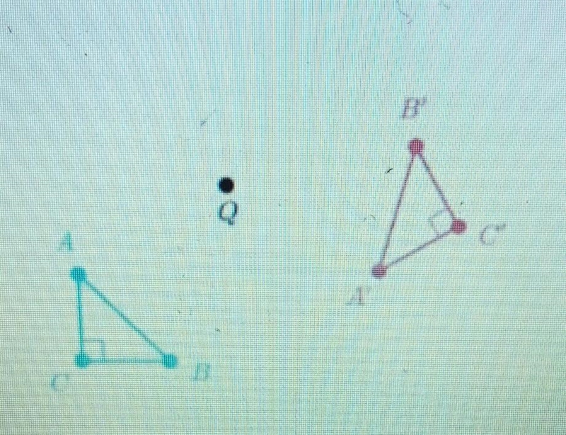 Triangle A'B'C' is the image of triangle ABC under a rotation about point Q. ​-example-1