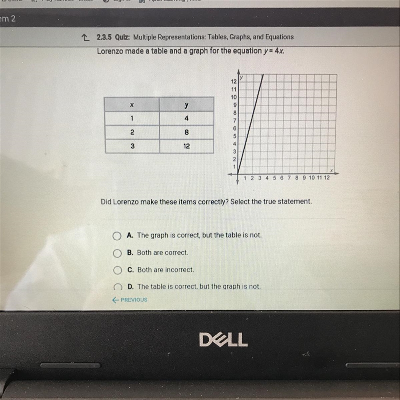 Lorenzo made a table and a graph for the equation y = 4x. x у 12 11 10 9 8 7 6 1 4 2. 8 3 12 3 2 1 1 2 3 4 5 6 7 8 9 10 11 12 Did-example-1