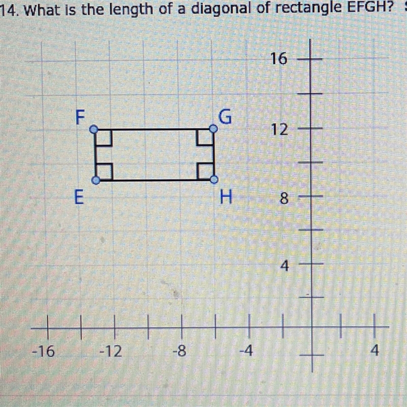 14. What is the length of a diagonal of rectangle EFGH? Show your work-example-1