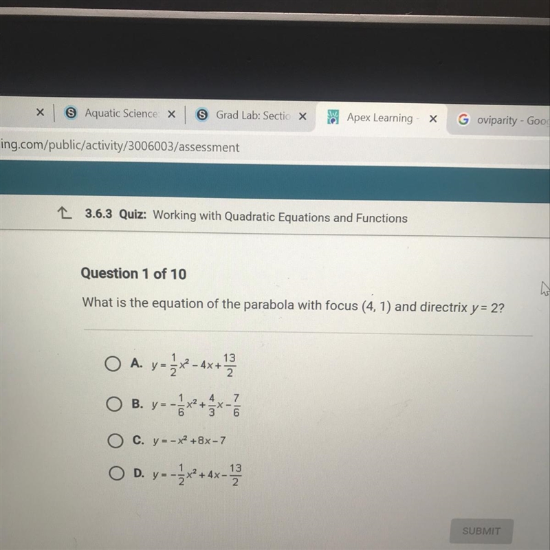 What is the equation of the parabola with focus (4,1) and directrix y= 2?-example-1