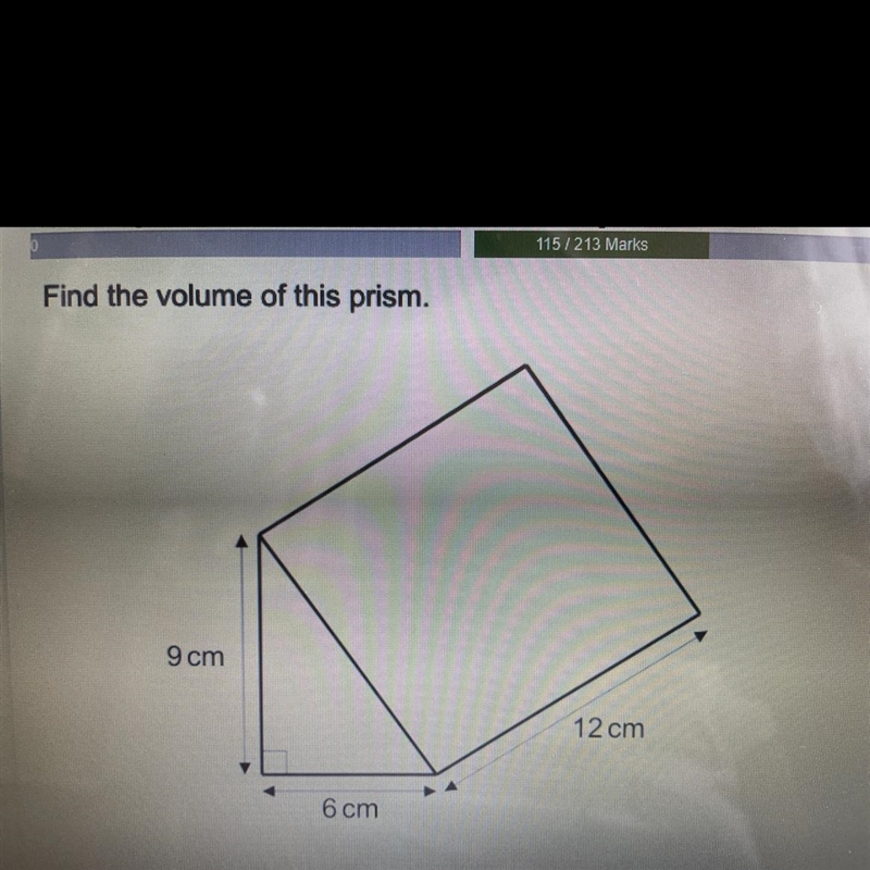 Find the volume of this prism. 9 cm 12 cm 6 cm Help pls-example-1