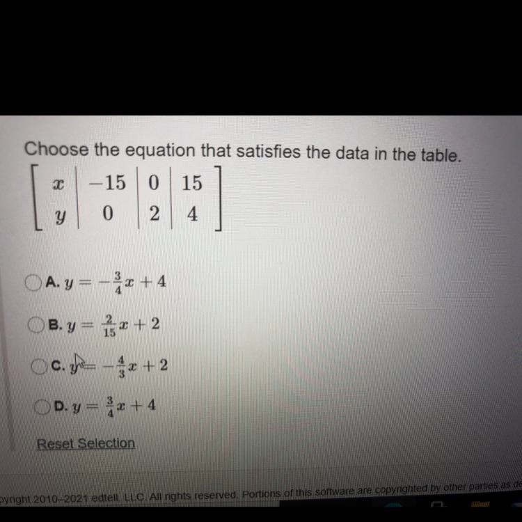 Choose the equation that satisfies the data in the table. -15 0 15 х [ y 0 2 4-example-1