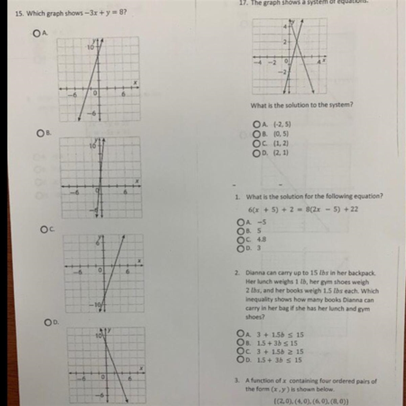 15. Which graph shows - 3x + y = 8 first question-example-1