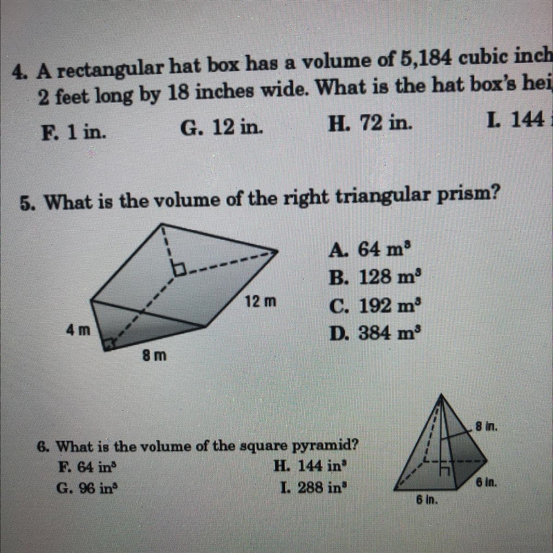 5. What is the volume of the right triangular prism? 12 m A. 64 m B. 128 m C. 192 m-example-1