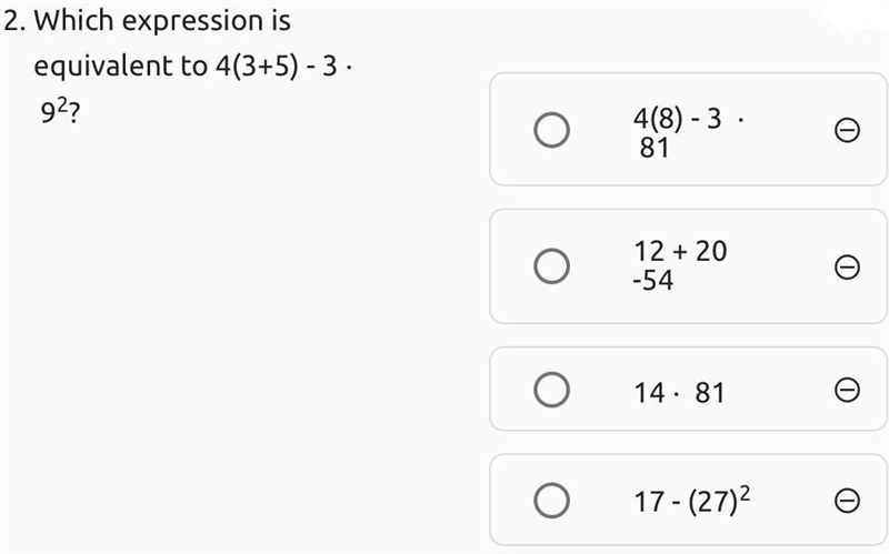 Which expression is equivalent to 4(3+5) - 3 ⋅ 92?-example-1