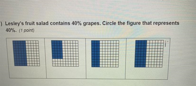 1)Lesley's fruit salad contains 40% grapes. Circle the figure that represents 40%.-example-1