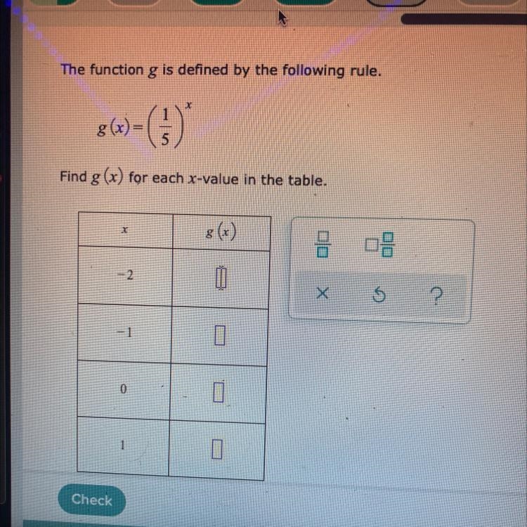 The function g is defined by the following rule. g(x)=(1/5)^x Find g(x) for each x-example-1