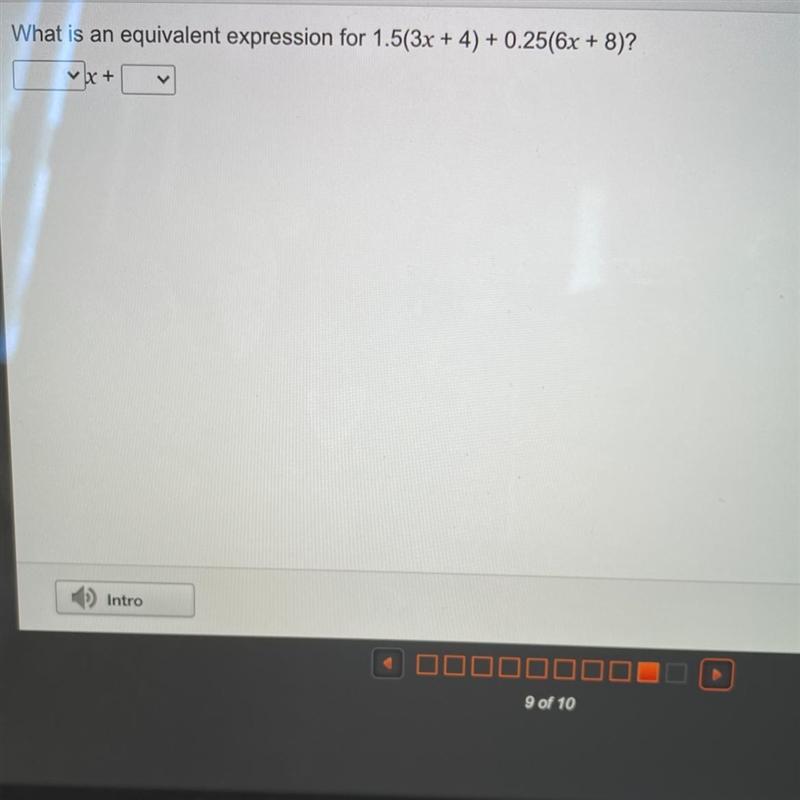 What is an equivalent expression for 1.5(3x + 4) + 0.25(6x + 8)? vx +-example-1