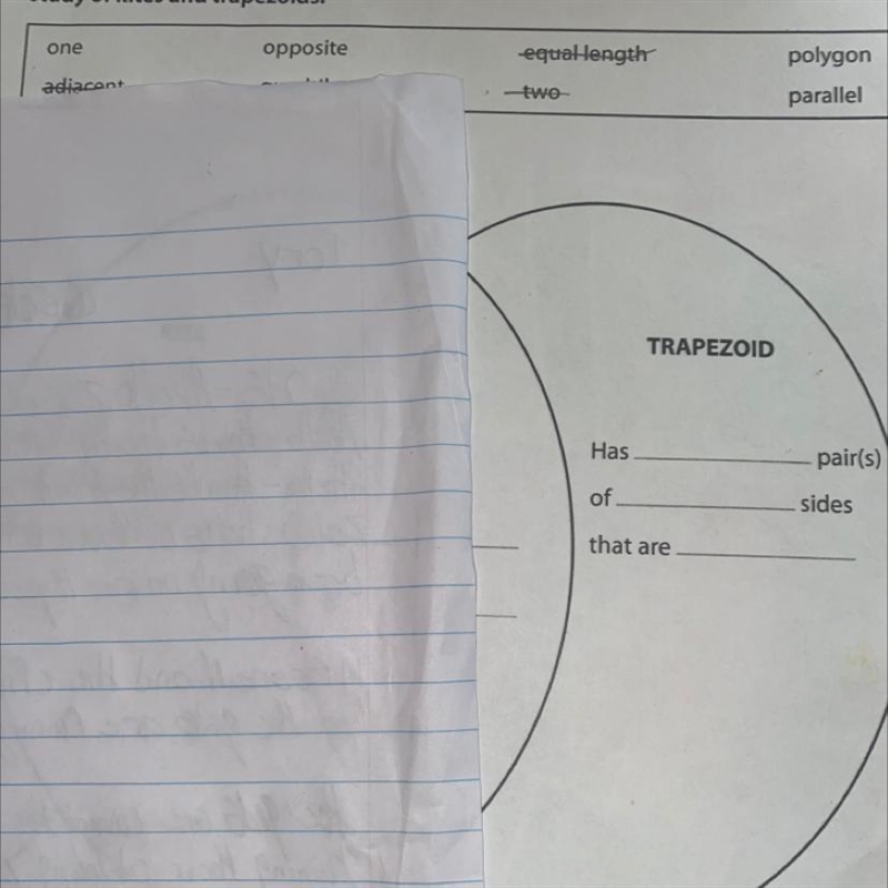 A trapezoid has ____ pairs of ______ sides that are _______-example-1