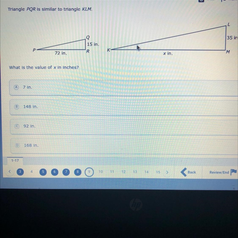 Triangle PQR IS SIMILAR TO Triangle KLM. What is the value of x in inches? A 7 in-example-1