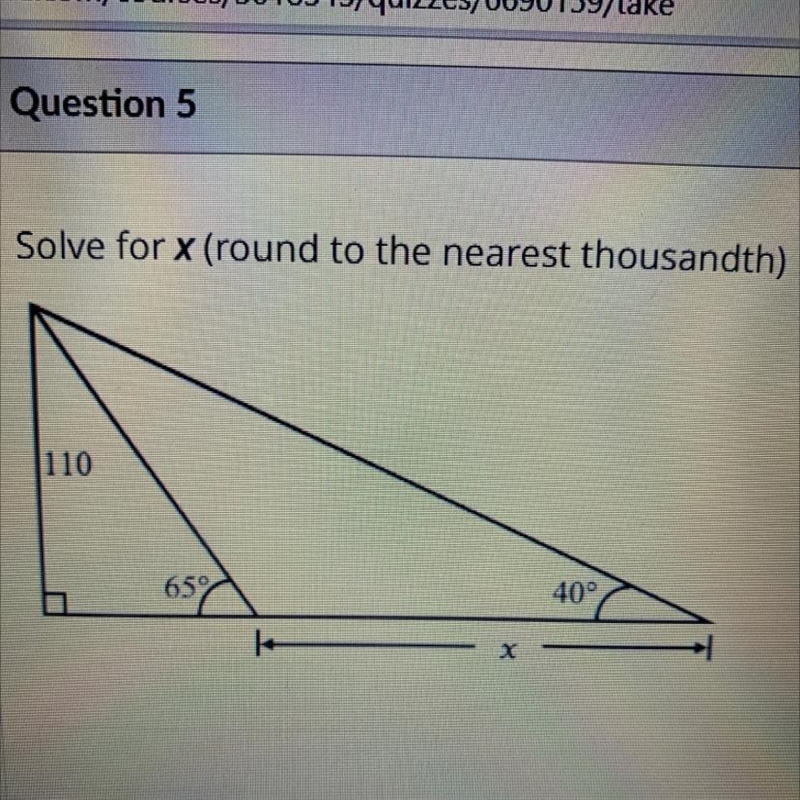 Solve for x (round to the nearest thousandth) to FREE HEALTH le 110 CA 65 40° х-example-1