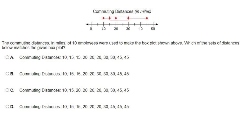 The commuting distances, in miles, of 10 employees were used to make the box plot-example-1