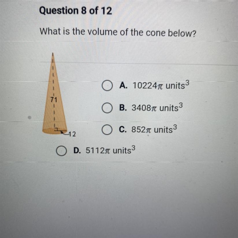 What is the volume of the cone below? A. 1022496 units 3 B. 34087 units3 C. 8527 units-example-1