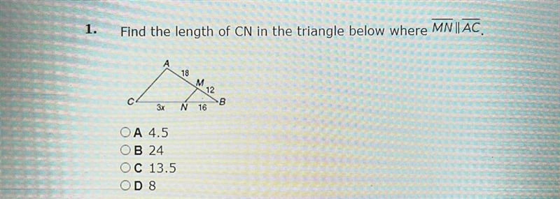 Find the length of CN in the triangle below where MN || AC-example-1