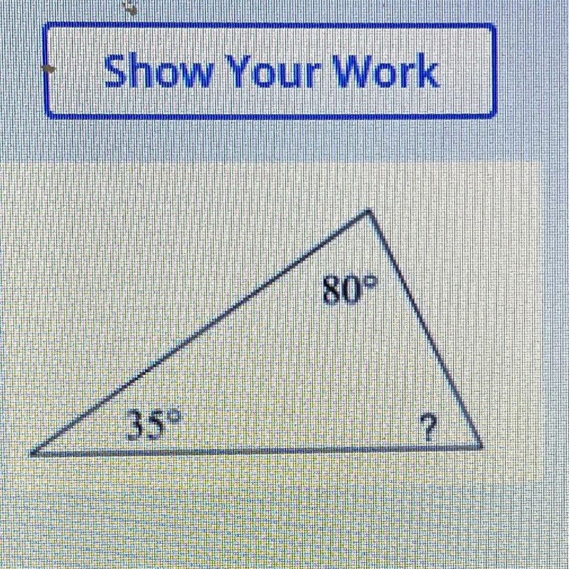 Show your work!! Solve for missing angle-example-1