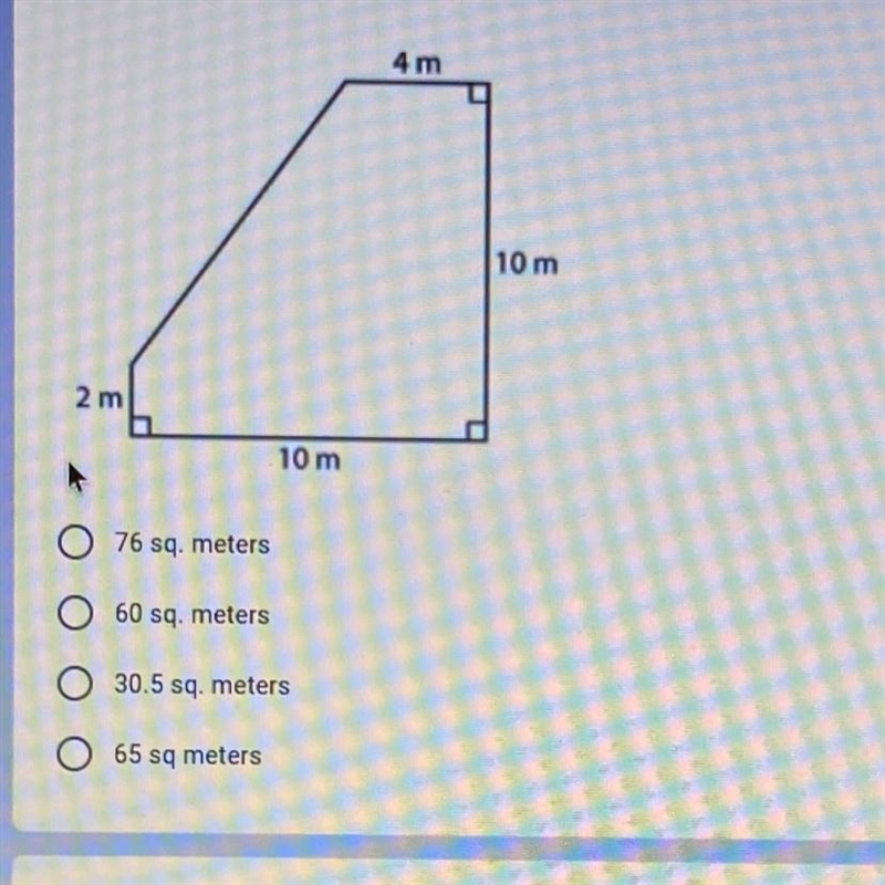 Find the area 76 sq meters 60 sq meters 30.5 sq meters 65 sq meters-example-1